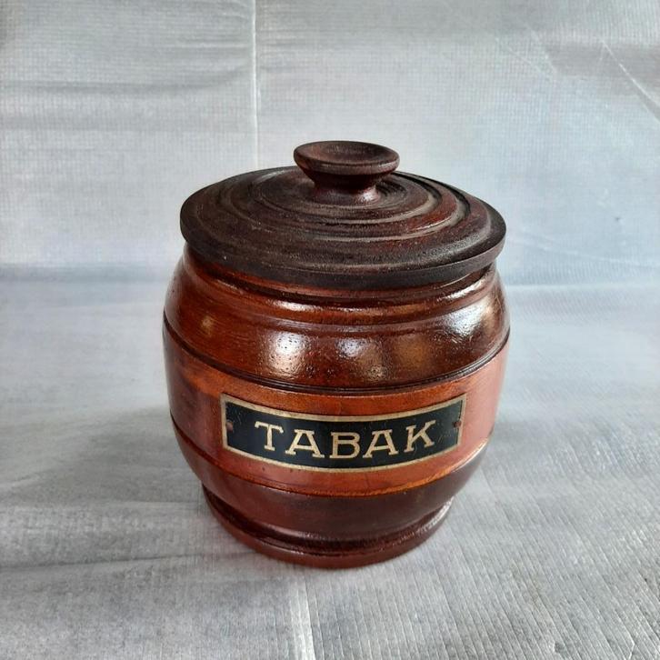 Vintage houten tabakspot met metalen plaatje, Antiek en Kunst, Curiosa en Brocante, Ophalen