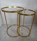 Twee goudkleurige/ messing bijzettafeltjes, Huis en Inrichting, Tafels | Bijzettafels, Ophalen, Rond, Metaal of Aluminium, Minder dan 55 cm