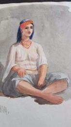 2x oude aquarel Arabische vrouw ezel Algiers 1869 Gesign CV, Ophalen