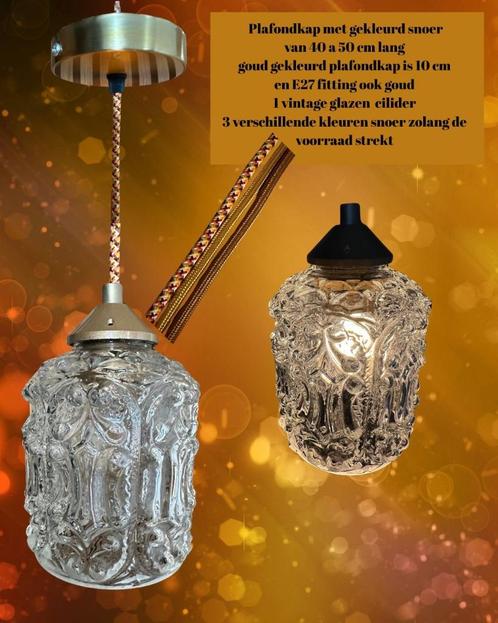 Plafondlamp met vintage cilindervormig glas, gekleurd snoer, Huis en Inrichting, Lampen | Hanglampen, Gebruikt, 50 tot 75 cm, Glas