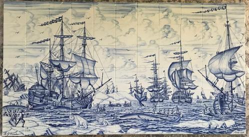 Tegeltableau Walvisvaart – blauw - 6 x 11 tegels, Antiek en Kunst, Curiosa en Brocante, Ophalen