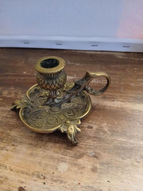 Antieke Messing Kandelaar met Handvat, Antiek en Kunst, Antiek | Kandelaars, Koper of Brons, Verzenden
