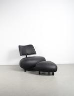 1x Leolux Pallone Fauteuil + Hocker Zwart Leer – Zwart