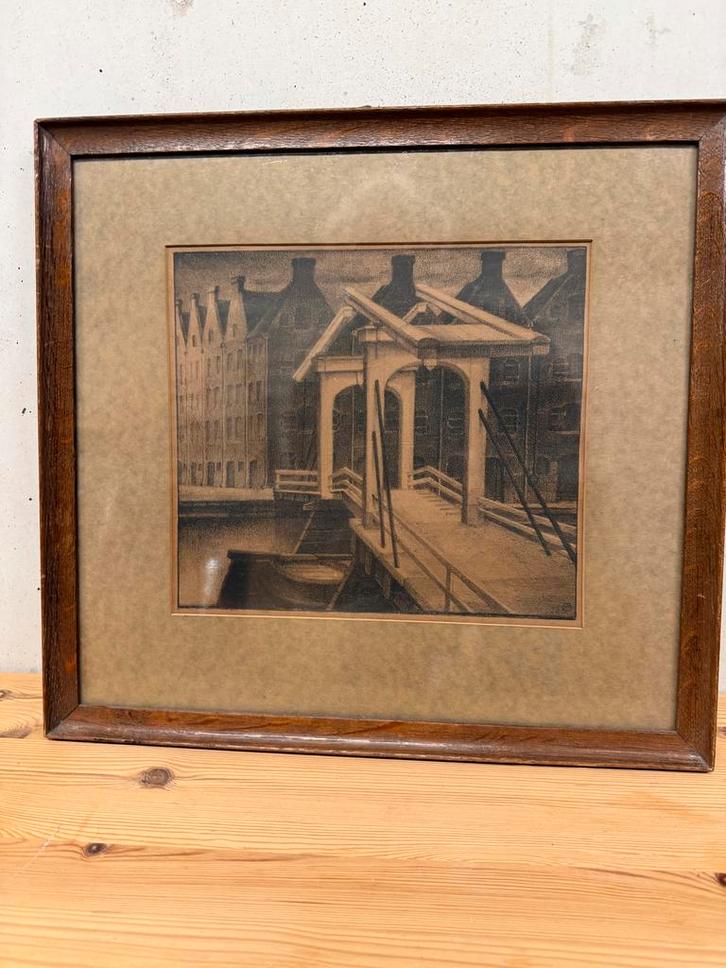 Oude Houten Lijst met Brug Tekening, Antiek en Kunst, Kunst | Schilderijen | Klassiek, Ophalen