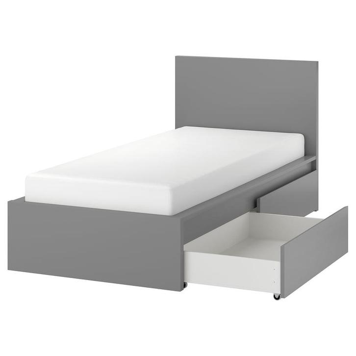 Malm Ikea Bed 90x200 Grijs met Lades + Lattenbodem, Huis en Inrichting, Slaapkamer | Bedden, Zo goed als nieuw, Eenpersoons, 90 cm