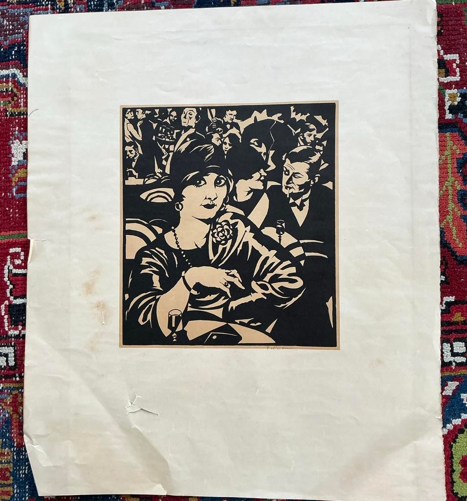 Pol Dom - Dame in Café - Linosnede ca. 1930, Ophalen of Verzenden
