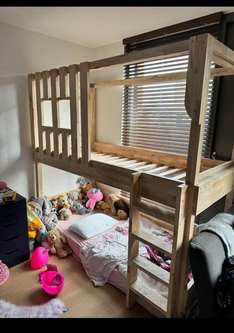 Stevig houten hoogslaper / stapelbed – handgemaakt, Kinderen en Baby's, Kinderkamer | Bedden, 180 cm of meer, 85 tot 100 cm, Matras