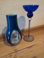 Art Deco Blauw Glas Set: Vaas & Waxinehouder, Blauw, Ophalen of Verzenden, Minder dan 50 cm, Glas