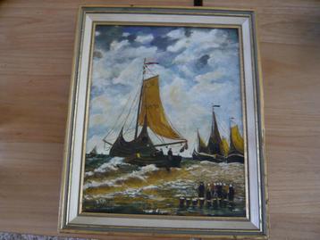 antiek schilderij Scheveningse vissers schepen beschikbaar voor biedingen