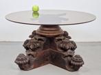 Anglo indiase massief hardhout handmade salontafel 1840 glas, Ophalen, Gebruikt, Rond, 50 tot 100 cm