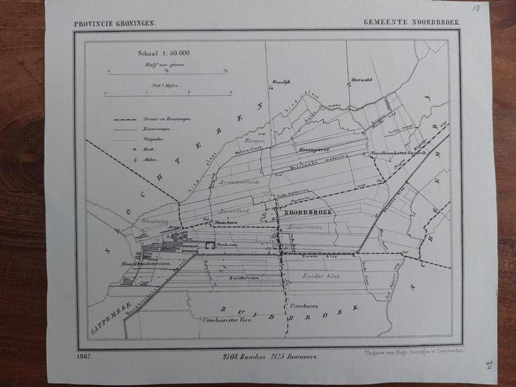 34 / Gemeente Noordbroek  Liho uit 1867 van J. Kuyper, Antiek en Kunst, Kunst | Litho's en Zeefdrukken, Ophalen of Verzenden