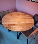 Ronde tafel mangohout, Deens ovaal, Huis en Inrichting, Ophalen, Gebruikt, 100 tot 150 cm, Vijf personen of meer