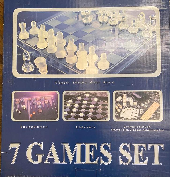 7-in-1 Glazen Spellen Set, Hobby en Vrije tijd, Gezelschapsspellen | Bordspellen, Nieuw, Ophalen