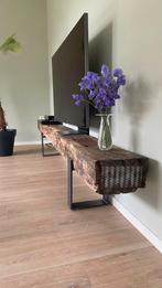 Stoere sidetable balk met staal, Huis en Inrichting, Tafels | Sidetables, Ophalen, Robuust, industrieel, 200 cm of meer, Zo goed als nieuw