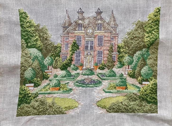 Borduurwerk, zijde, landhuis, villa, bloem, tuin, vintage, Hobby en Vrije tijd, Borduren en Borduurmachines, Ophalen