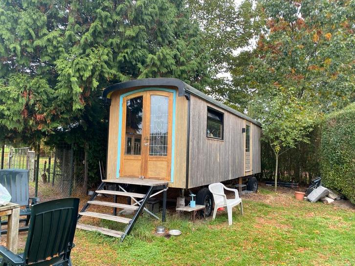 Te koop of te huur unieke pipowagen 7,5 meter, Tuin en Terras, Tuinhuizen, Gebruikt, 500 cm of meer, 3 ramen of meer, Ophalen of Verzenden