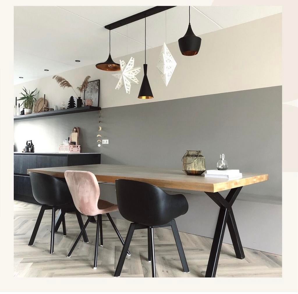 Grijze eikenhouten tafel met stalen poten (250x110), Huis en Inrichting, Tafels | Eettafels, Ophalen, Gebruikt, 100 tot 150 cm