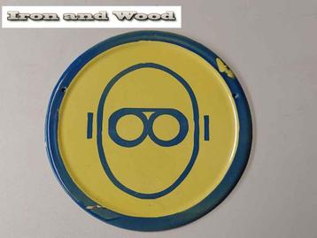 Rond oud wandbord van emaille met bril/oogbescherming D25 beschikbaar voor biedingen