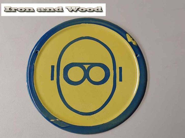 Rond oud wandbord van emaille met bril/oogbescherming D25, Antiek en Kunst, Antiek | Emaille, Ophalen of Verzenden