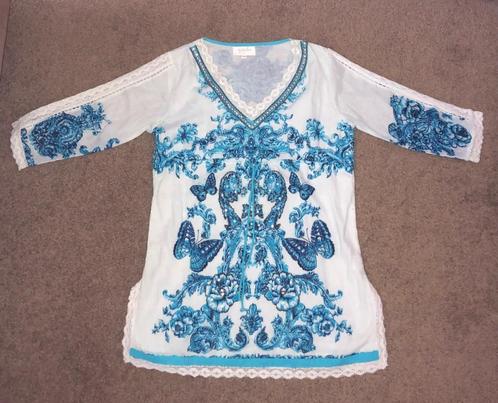 Leuk wit/blauw tuniek Ibiza style, Kleding | Dames, Blouses en Tunieken, Zo goed als nieuw, Maat 36 (S), Blauw, Ophalen