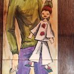 gesigneerd vintage houten tegelpaneel dame met marionetten, Ophalen of Verzenden