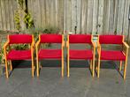 4x vintage houten stoel met rode zitting en rugleuning, Gebruikt, Hout, Ophalen, Rood