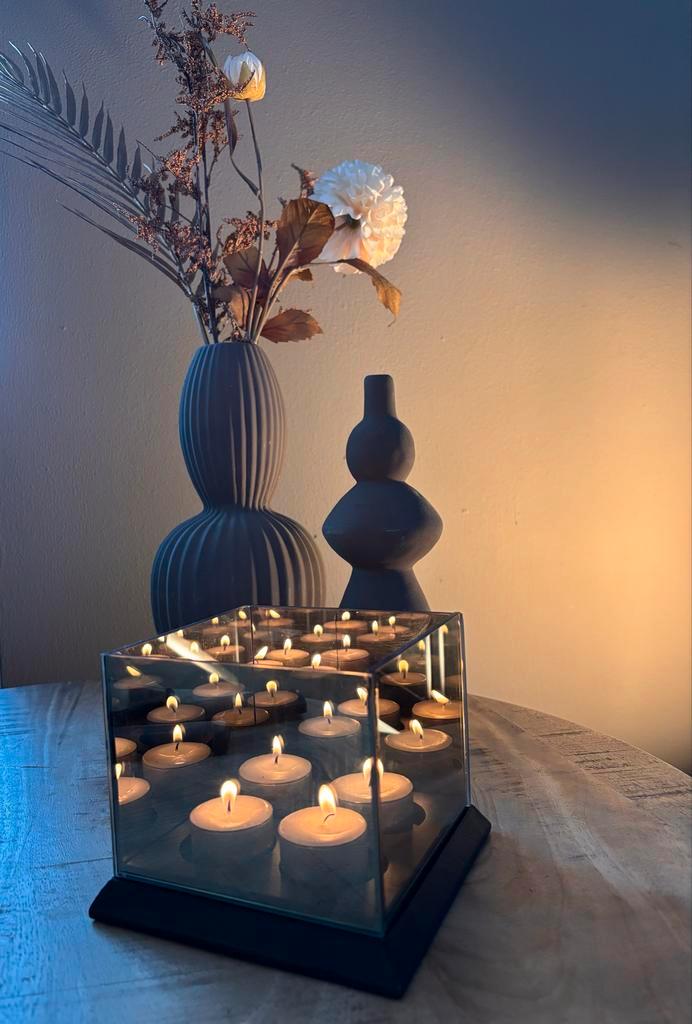 Elegante glazen kaarsenhouder met spiegel effect, Huis en Inrichting, Woonaccessoires | Zuilen en Pilaren, Nieuw, Ophalen of Verzenden