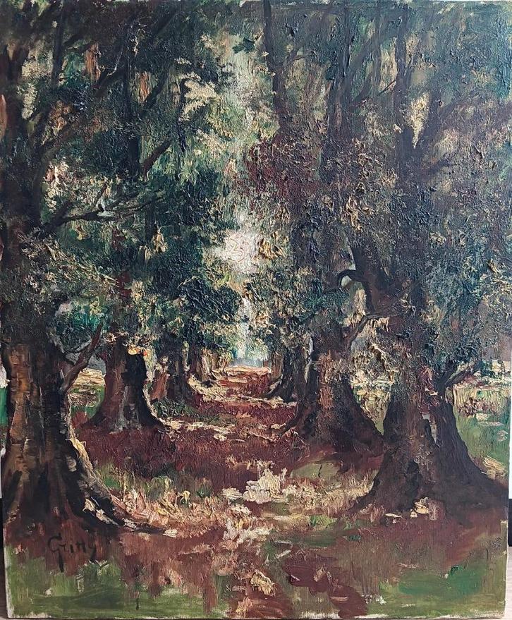 Gritty schilderij bospad bos bosgezicht olieverf op doek, Antiek en Kunst, Kunst | Schilderijen | Klassiek, Ophalen