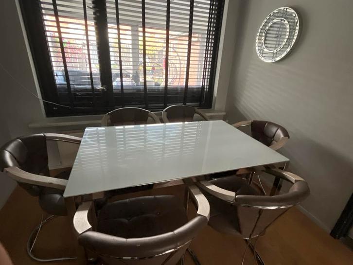 Eettafel met stoelen, Huis en Inrichting, Tafels | Eettafels, Gebruikt, 100 tot 150 cm, Vier personen, Rechthoekig, Metaal, Ophalen of Verzenden