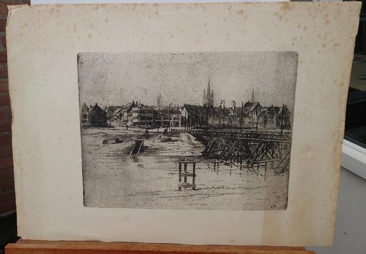 Groot ets ~1930, Brugge stadsgezicht? Monogram E.B., Antiek en Kunst, Kunst | Etsen en Gravures, Ophalen of Verzenden