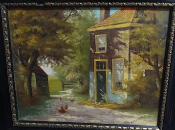 Olieverf schilderij “Huis met erf” gesigneerd A. Peters beschikbaar voor biedingen