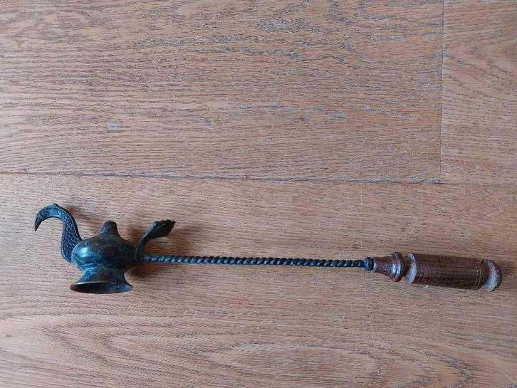 antieke kaarsdover kaarsensnuiter houten handvat vogel 29 cm, Antiek en Kunst, Antiek | Kandelaars, Koper of Brons, Ophalen