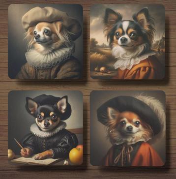 Chihuahua Rembrandt stijl onderzetters met houder 