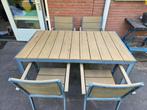 Tuinset metalen tafel met 4 stoelen antraciet met houtlook, Ophalen, Gebruikt, 6 zitplaatsen, Aluminium