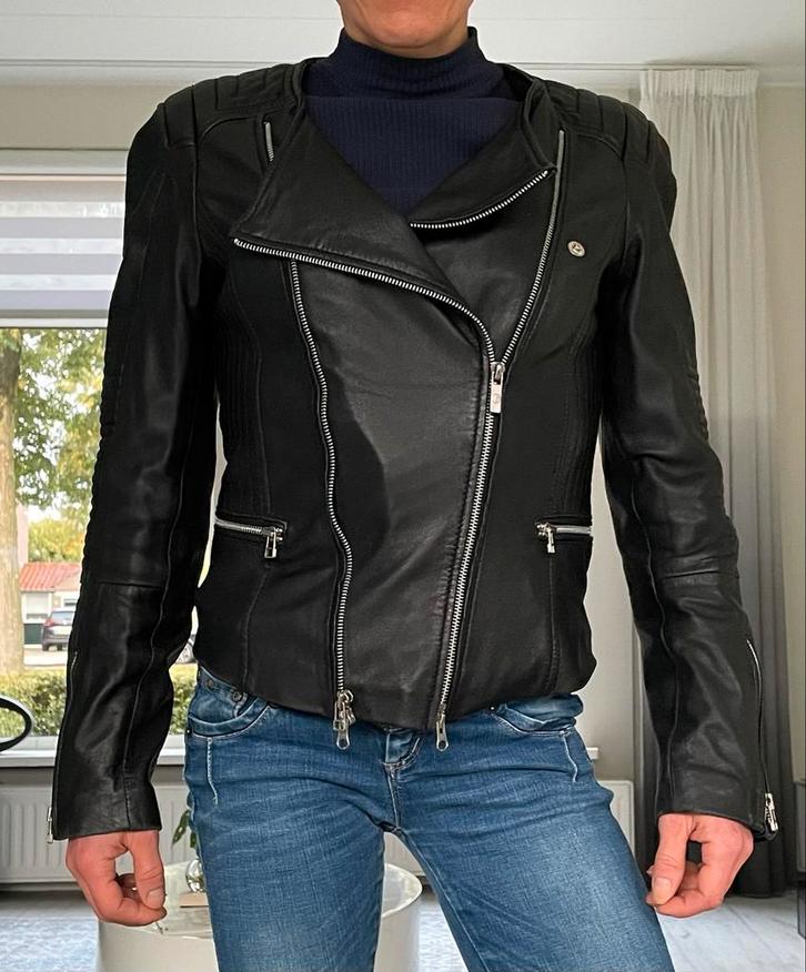 Goosecraft Leren Biker Jas Dames - Maat S (valt als XS), Kleding | Dames, Jassen | Zomer, Zo goed als nieuw, Maat 36 (S), Zwart