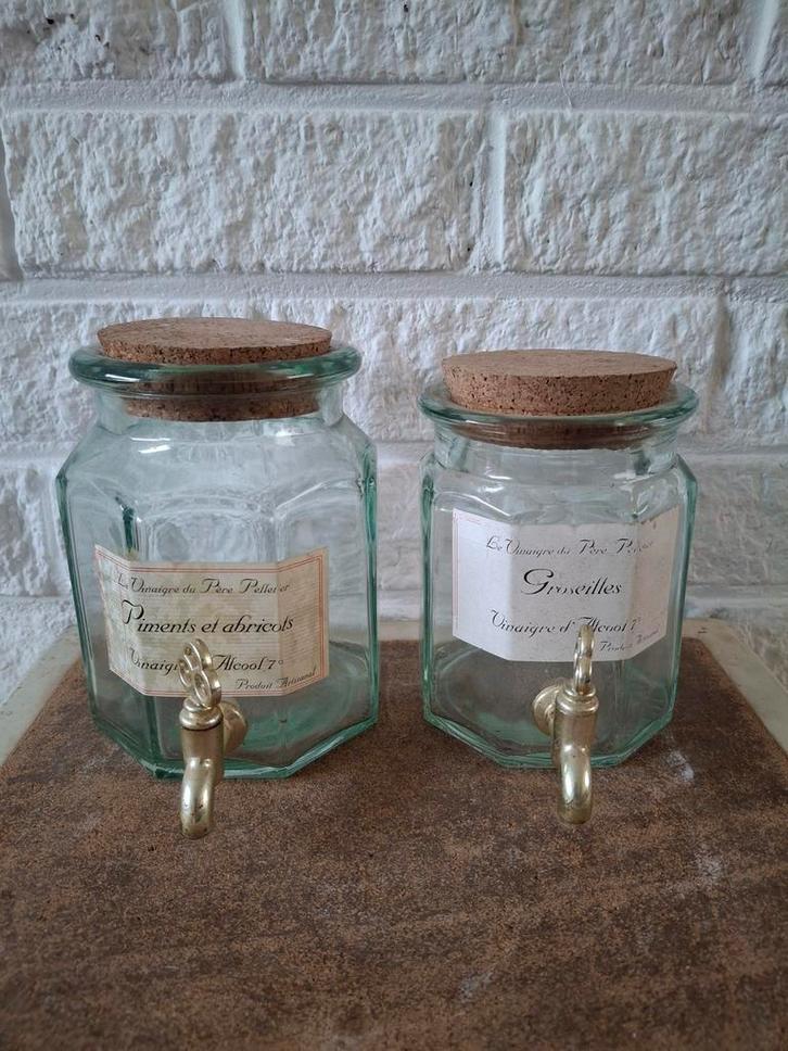 Leuke set brocante Franse glazen Vinaigre potten met kraan, Antiek en Kunst, Curiosa en Brocante, Ophalen of Verzenden