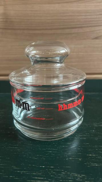 Vintage M&M’s glazen schaaltje met deksel, rode opdruk beschikbaar voor biedingen