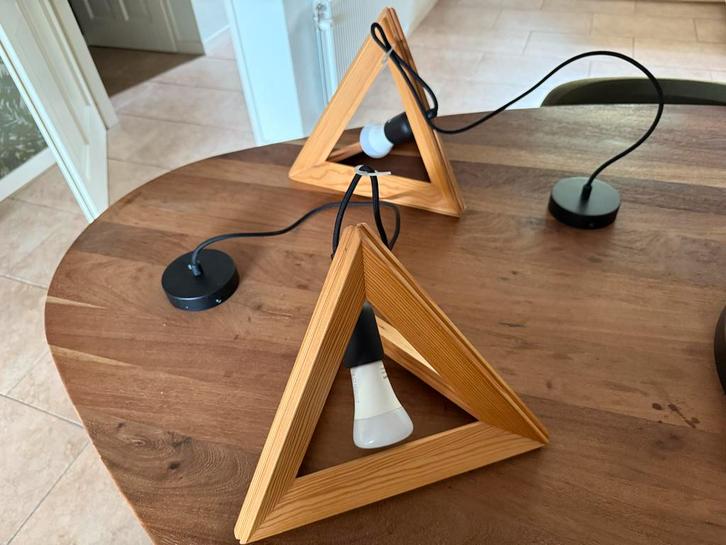 Twee Houten Hanglampen, Huis en Inrichting, Lampen | Hanglampen, Zo goed als nieuw, Minder dan 50 cm, Hout, Ophalen