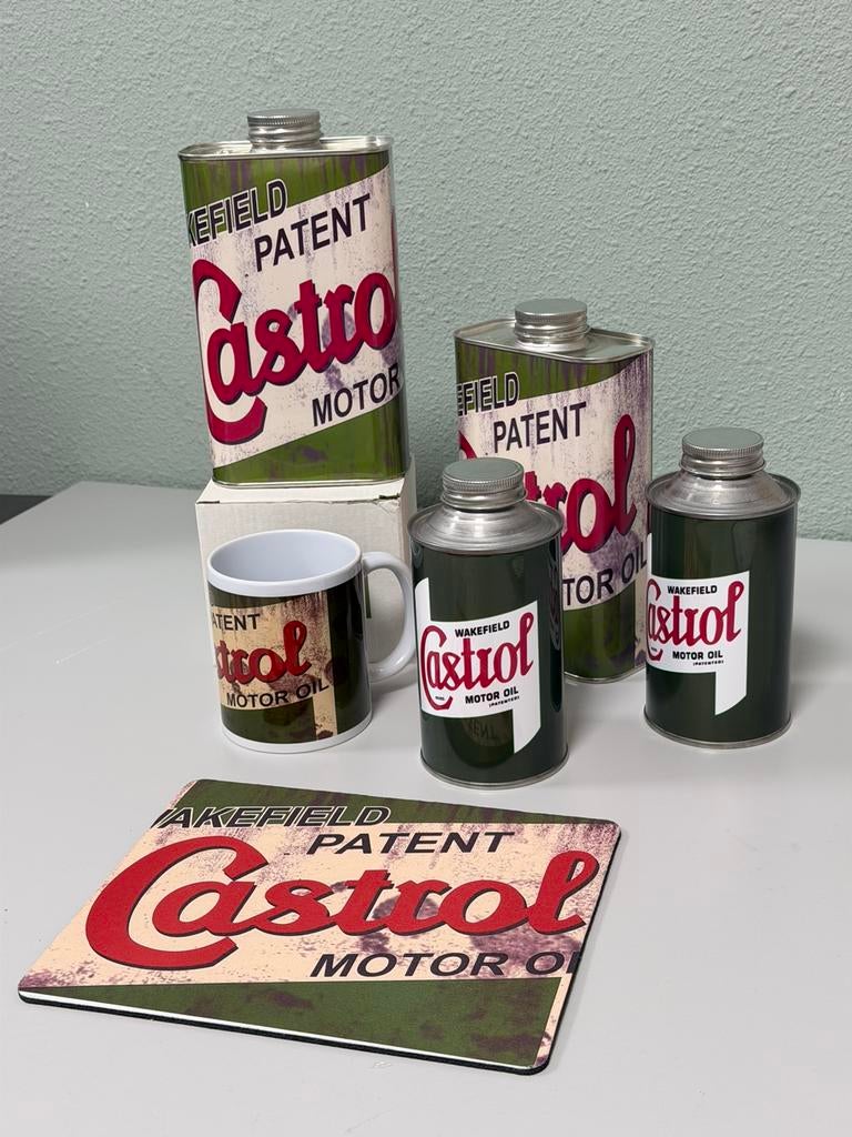 Castrol oil olie Mancave Set 4 olieblikken + mok + muismat, Verzamelen, Ophalen of Verzenden, Nieuw, Overige