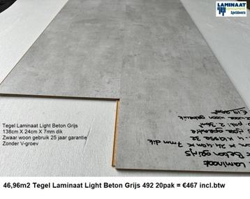 46,96m2 Tegel Laminaat Light Beton Grijs 492 20pak = €467 beschikbaar voor biedingen