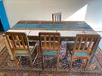 Fairtrade Eet Tafel met 4 stoelen - scrapwood - sloophout, 100 tot 150 cm, 200 cm of meer, Zo goed als nieuw, Vijf personen of meer