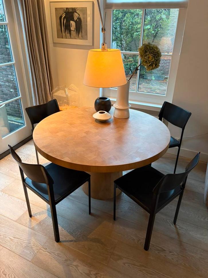 Vintage eetkamerstoel Italiaans design / zwart leer + staal, Huis en Inrichting, Stoelen, Gebruikt, Vier, Leer, Zwart, Ophalen of Verzenden