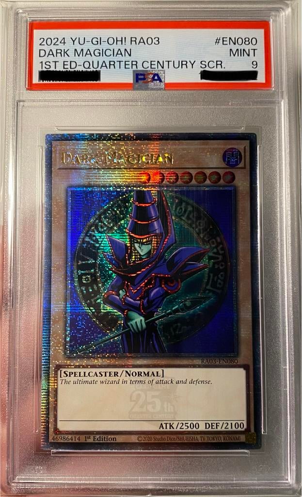 Yu-Gi-Oh! Dark Magician RA03 1st Quartercentury PSA 9 Mint !, Ophalen of Verzenden, Zo goed als nieuw, Losse kaart, Foil