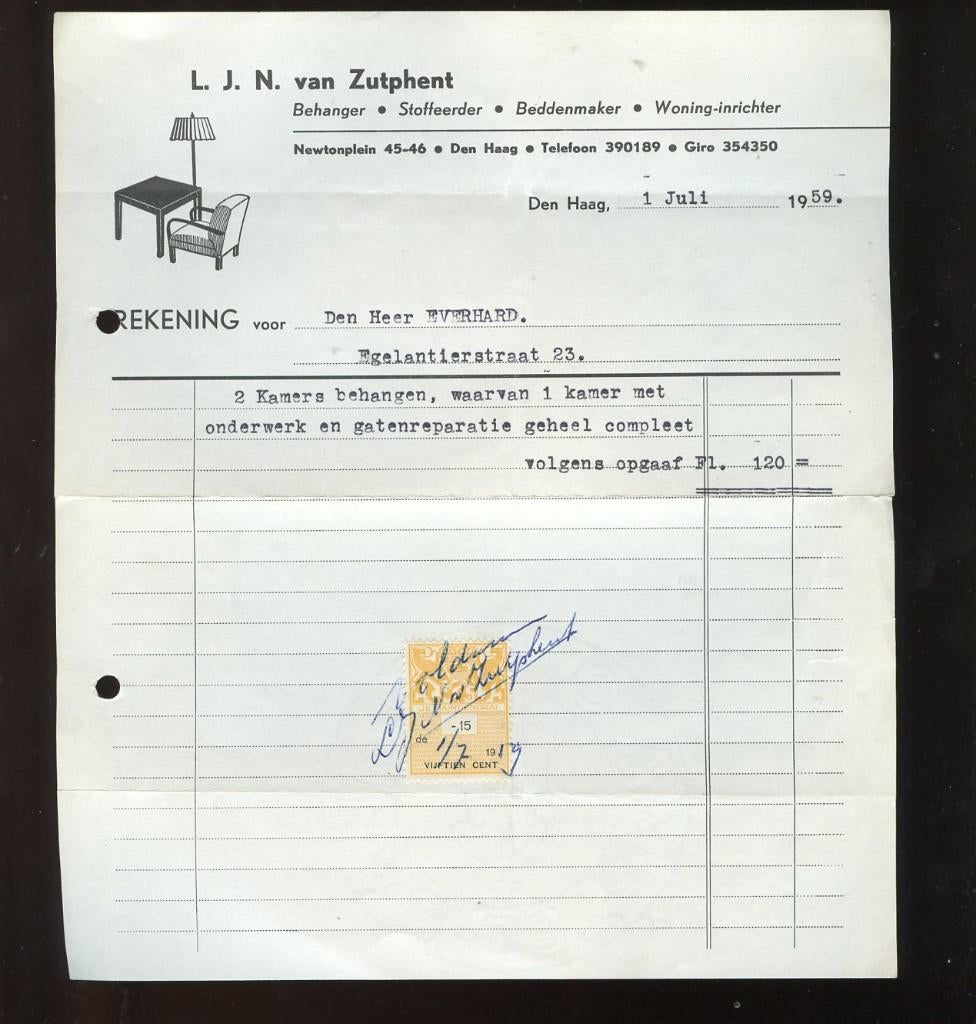 1959 Behangfactuur Zutphent Newtonplein (VK-90), Ophalen