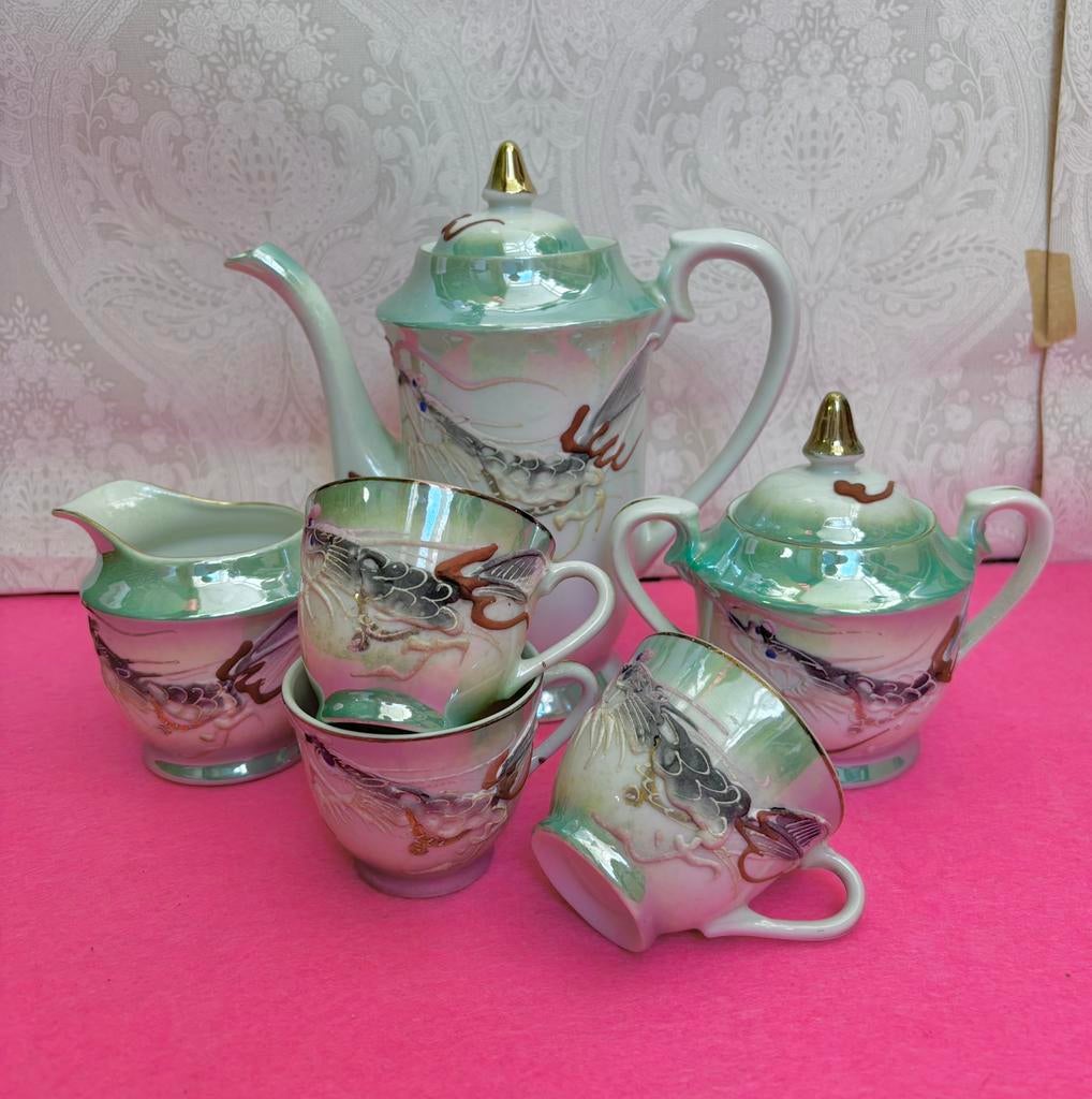 Vintage Japans thee set kopjes theepot groen draak parelmoer, Antiek en Kunst, Ophalen of Verzenden