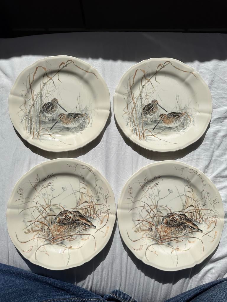 4 Gien Sologne borden met print, Ophalen of Verzenden, Zo goed als nieuw, Bord(en), Overige stijlen