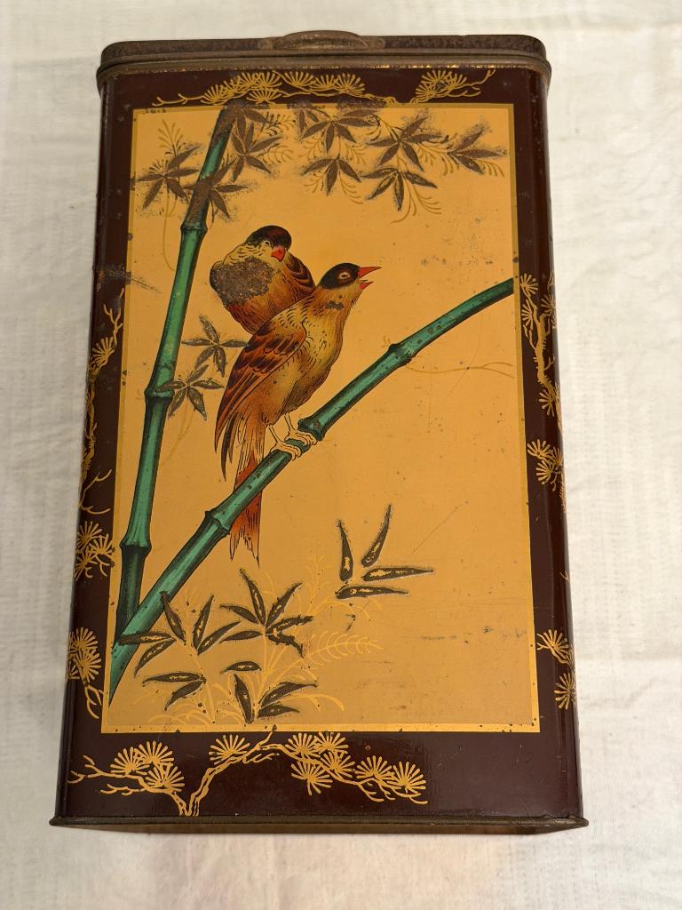 Groot blik met prachtige vogels afbeeldingen. Japans?, Verzamelen, Ophalen of Verzenden, Gebruikt, Thee, Overige merken