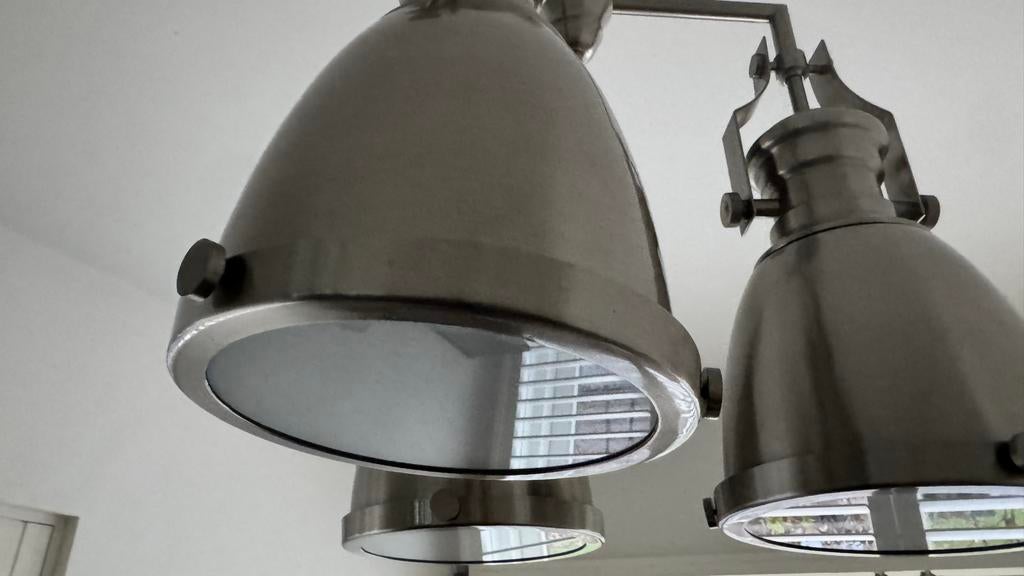 Industriële Hanglamp 3 Lampen Geborsteld Aluminium, Ophalen, Gebruikt, Metaal, 50 tot 75 cm