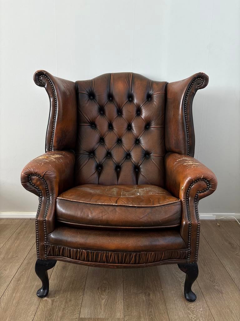 Vintage Chesterfield Fauteuil - Leer - Opknapper, Gebruikt, Minder dan 75 cm, Leer, Ophalen of Verzenden