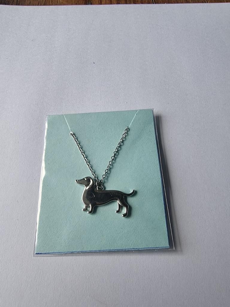 RVS zilverkleurige ketting met teckel hondje, Sieraden, Tassen en Uiterlijk, Ophalen of Verzenden, Nieuw, Overige materialen, Met hanger